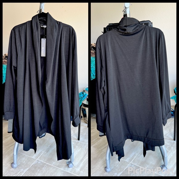 Black Shawl Collar Open Front Asymmetrical Cardigan Duster Pockets 44 M L NWT - Picture 8 of 10